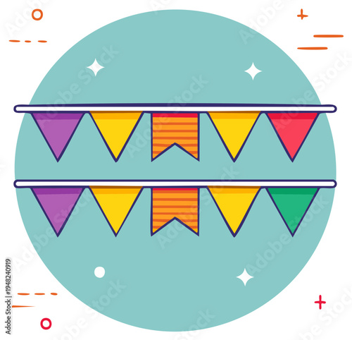 Vibrant Celebration Garlands on Turquoise Background, Featuring Festive Bunting for Parties and Events, Vector Illustration