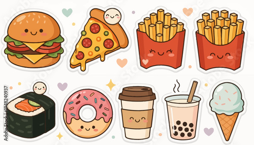 Cute Kawaii Fast Food Sticker Set and Variety Collection of Burger Pizza Sushi and Donut Icons Bundle