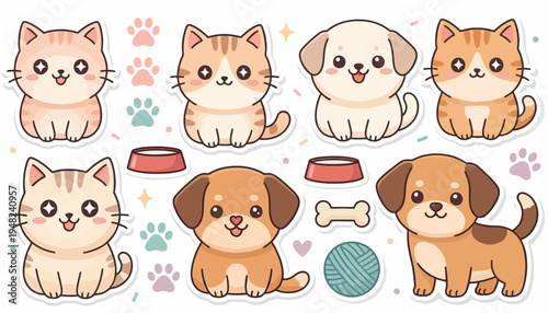 Cute Kawaii Pet Characters Vector Icon Set Collection
