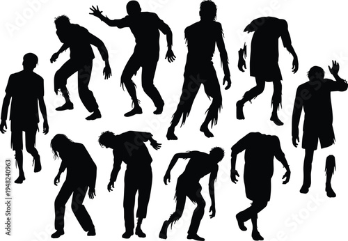 Zombie silhouette collection set, creepy undead walking monsters isolated on white background Halloween horror illustration