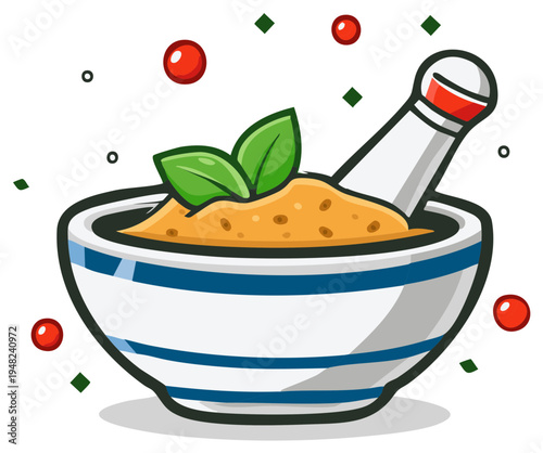 Traditional mortar and pestle with vibrant orange spice paste and fresh green basil leaves illustration