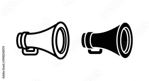 A simple black and white illustration of two megaphones on a plain background