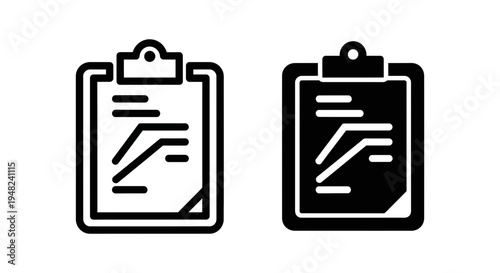 Two black and white clipboard icons with checklists on a plain background