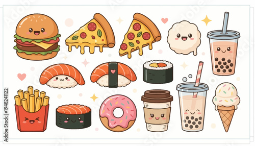 Kawaii Cute Fast Food and Sushi Icon Set Collection Bundle
