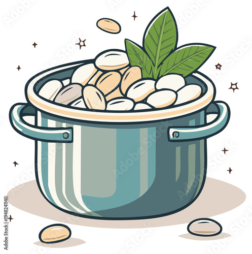 Cartoon cooking pot filled with white beans and herbs, healthy food concept.