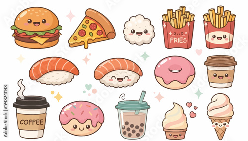 Kawaii Fast Food and Drink Icon Collection
