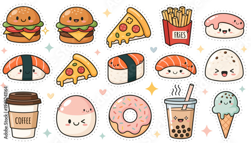 Kawaii Fast Food Sticker Set and Cute Snack Icons Collection