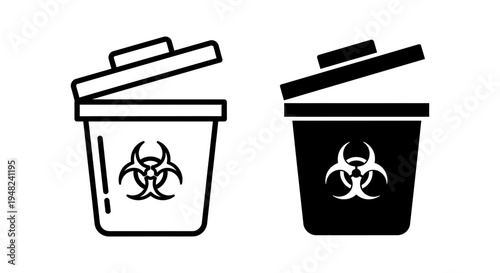 Two biohazard waste bins with lids open on a white background for medical or laboratory use