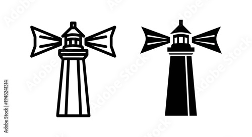 A black and white illustration of two lighthouses with unique designs on a plain background