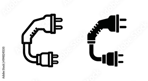 A simple black and white illustration of two electrical plugs connected to each other in a circular formation