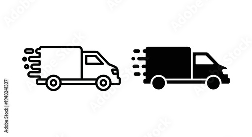 A simple graphic illustration of two trucks in motion, one in black and one in white, against a clean background.