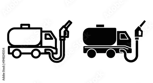 A black and white illustration of two tanker trucks with fuel pumps