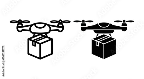 Two drones carrying packages in a simple black and white illustration