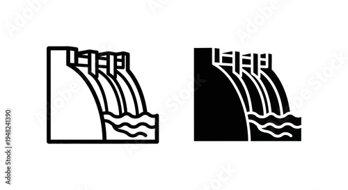 A black and white illustration of a dam with water flowing out, presented in both positive and negative formats.