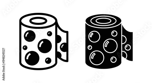 A black and white illustration of two rolls of toilet paper with bubble designs