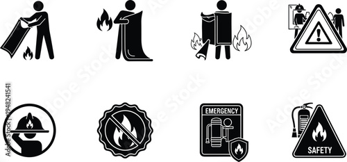 Set of fire emergency and protection icons, collection of firefighters and safety equipment symbols with fire blanket and warning signs flat vector illustration