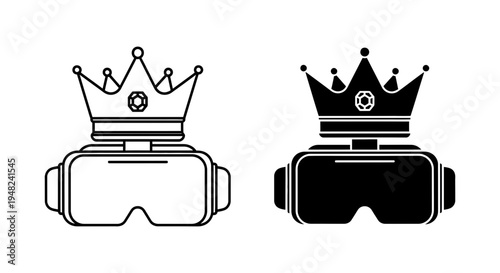 A black and white illustration of two virtual reality headsets with crowns on top, one in black and one in white.