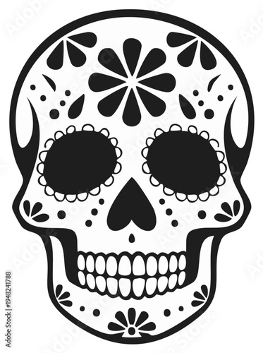 Intricate black and white Sugar Skull illustration with floral patterns for Day of the Dead