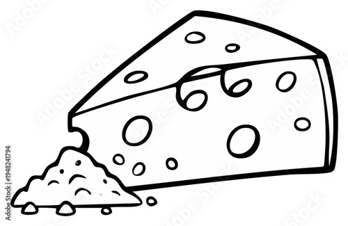 Simple black and white line drawing of a wedge of swiss cheese with a pile of grated cheese