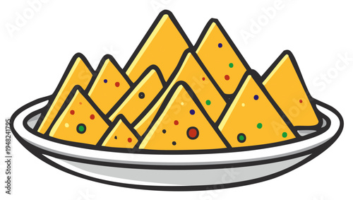 Stylized illustration of a bowl filled with triangular corn tortilla chips topped with colorful dots