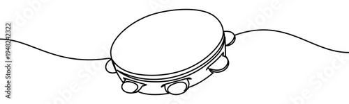 Tambourine continuous line drawing isolated on transparent background vector illustration. Minimalist monoline drawing of a classic percussion musical instrument used in folk and popular music