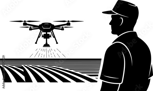 Black and white silhouette of a farmer watching drone scanning farmland.