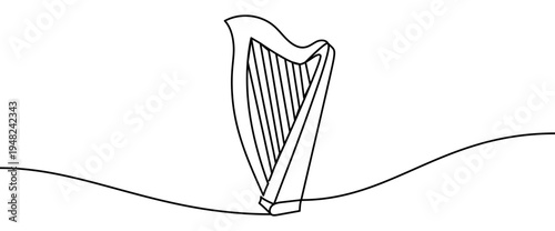 Harp continuous line drawing isolated on transparent background vector illustration. Minimalist monoline drawing of a classical string musical instrument in elegant linear style