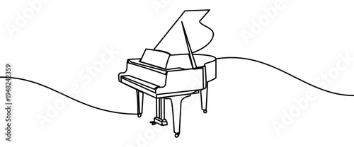 Grand piano continuous line drawing isolated on transparent background vector illustration. Minimalist monoline drawing of a classical keyboard musical instrument used in concert and classical music