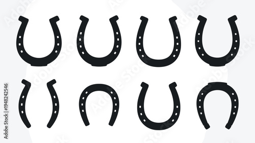 Collection of different black horseshoe silhouettes and shapes representing good luck and horse equipment on a plain white background.
