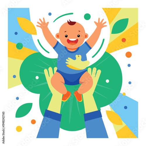 Joyful Baby Being Lifted by Hands in Playful Colorful Scene with Abstract Shapes and Leaves on white background