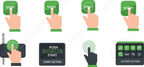 Start Button Press and Touchscreen Interaction Set with Finger Tapping Interface Buttons, Push Start and Digital Control Vector Illustration