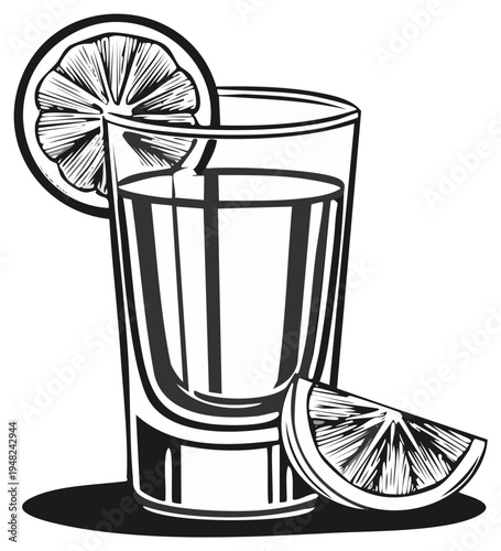 Tall glass of clear liquid with a lemon slice and wedge garnish