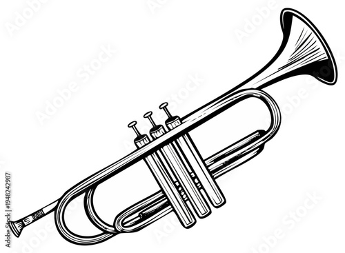 Classic wind instrument illustration black and white trumpet with valves and bell