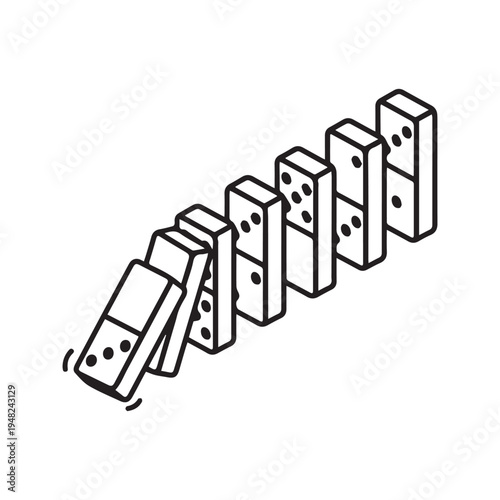Isometric line art illustration of falling dominoes causing a chain reaction
