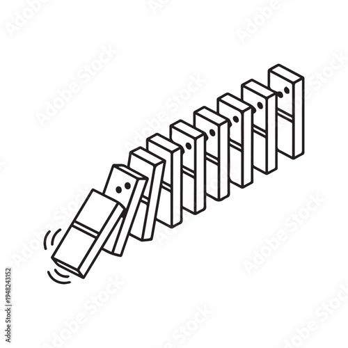 Isometric line art illustration of falling dominoes causing a chain reaction
