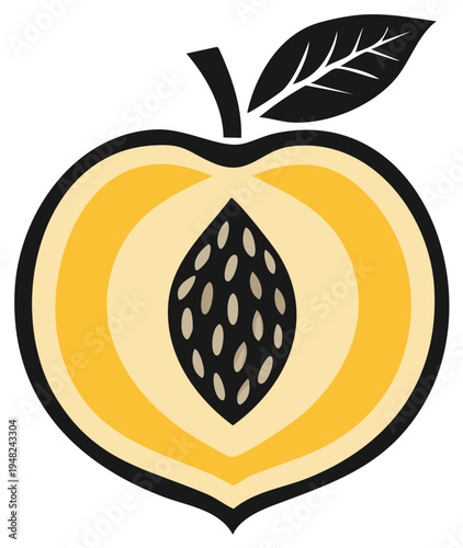 Peach Fruit Illustration with Leaf and Pit Detail Simple Graphic for Food Design
