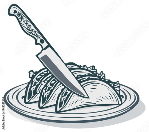 Tacos on Plate with Knife: Mexican Food Illustration in Line Art Style, Dinner Concept, Culinary Design for Restaurant, Kitchen, Recipe Book