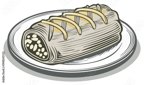 Illustration of a savory strudel with filling on a white plate