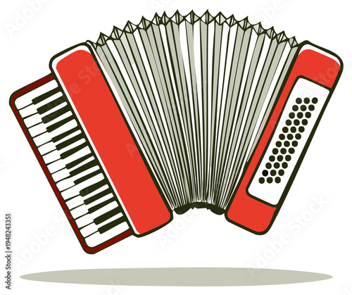 Red Accordion Illustration, Music Instrument, Keys, Bellows, Button Accordion, Concertina, Traditional Style