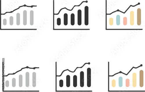 Vector set of business graphs and charts with arrows showing financial growth and data analysis concept.