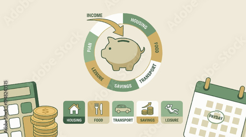 personal finance and budgeting concept, featuring a central piggy bank surrounded by a circular budget allocation chart divided into housing, food, transport, savings, and leisure segments.