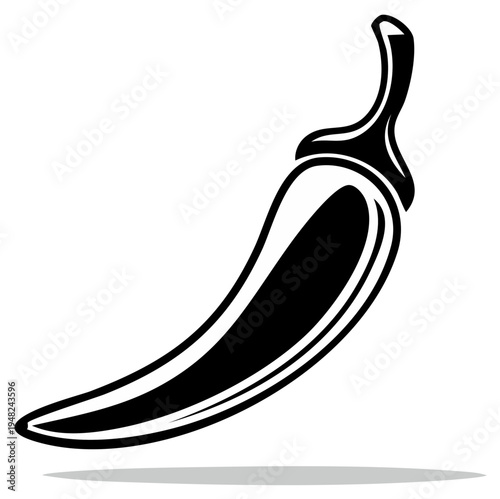Stylized Black and White Illustration of a Spicy Chili Pepper with Elegant Curvature on White