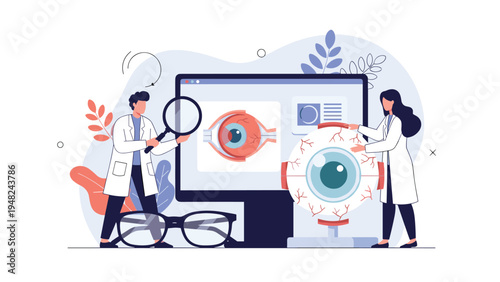 Two medical professionals examining a large human eye model and a computer screen in a modern ophthalmology clinic for eye care services.