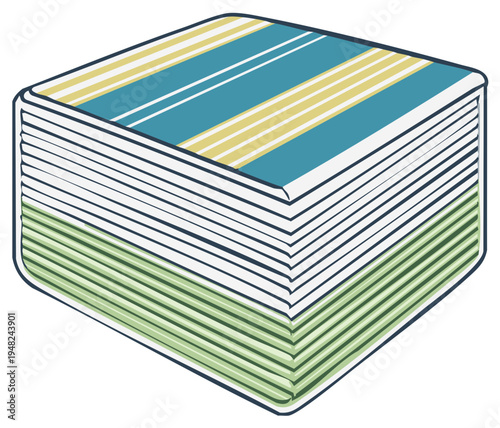 Stylized illustration of decorative cube-shaped coasters with blue, yellow, and green striped patterns