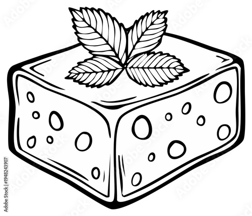 Hand-Drawn Sketch of Cheese Cube Topped With Fresh Mint Leaves, Isolated Food Illustration in Black and White