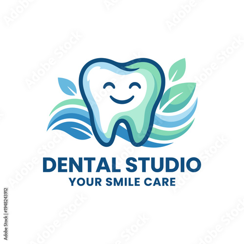 A cheerful logo of a smiling tooth, designed for a dental studio, symbolizes care, health, and positive experiences in dental services aimed at families and individuals.