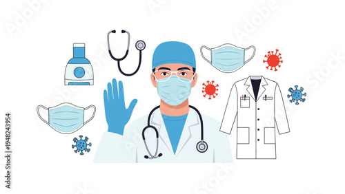 Portrait of a male medical professional in a mask and gloves surrounded by healthcare icons like a lab coat, stethoscope, and virus.