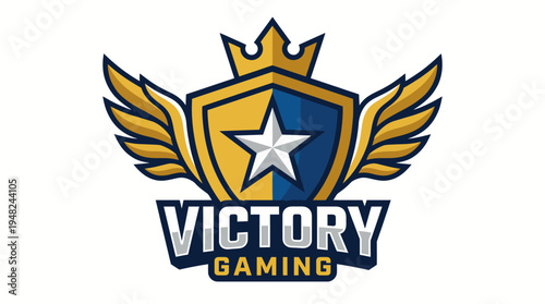 A dynamic and bold logo for a gaming brand featuring a shield design with wings and a star, symbolizing triumph and competition in the gaming industry.
