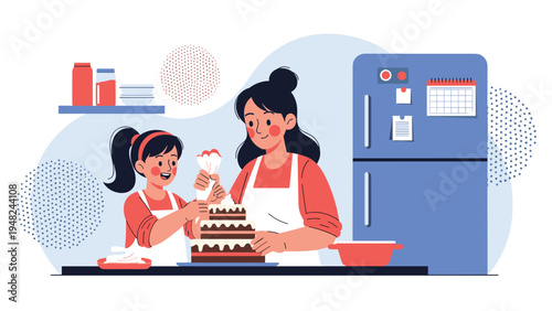 Happy mother and young daughter bonding while decorating a multi-layered chocolate cake with frosting in a modern bright kitchen area.