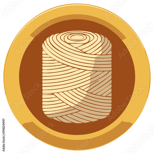 Cartoon illustration of a ball of yarn or thread in a round icon for crafts
